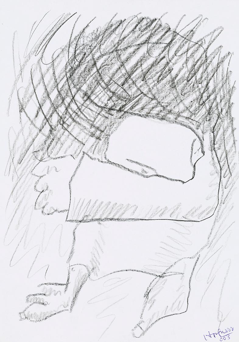 Kurt Hüpfner, Ohne Titel, 2003, Schwarze Kreide auf Papier, 29,7 × 21 cm, Privatbesitz, Wien