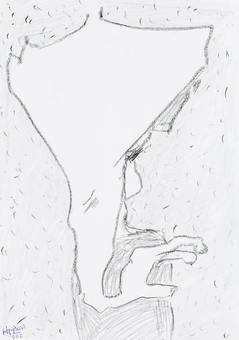 Kurt Hüpfner, Ohne Titel, 2002, Bleistift und schwarze Kreide auf Papier, 29,7 × 21 cm, Privatb ...