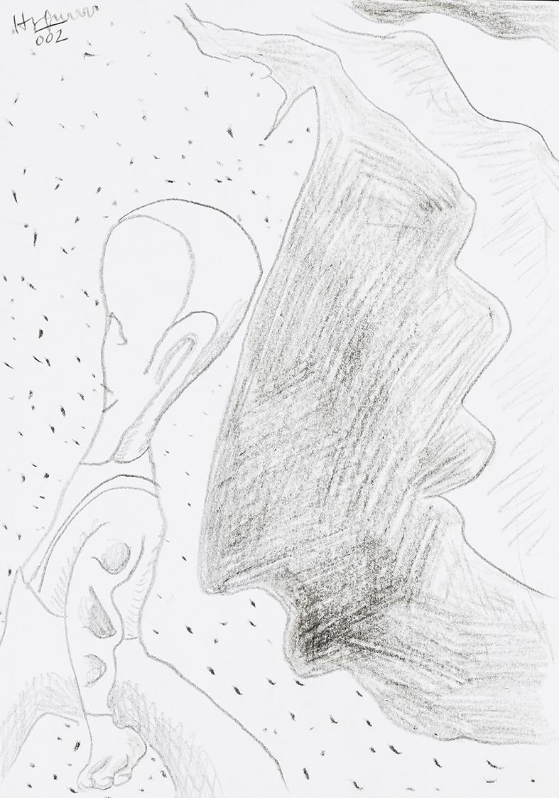 Kurt Hüpfner, Ohne Titel, 2002, Bleistift und schwarze Kreide auf Papier, 29,7 × 21 cm, Privatb…