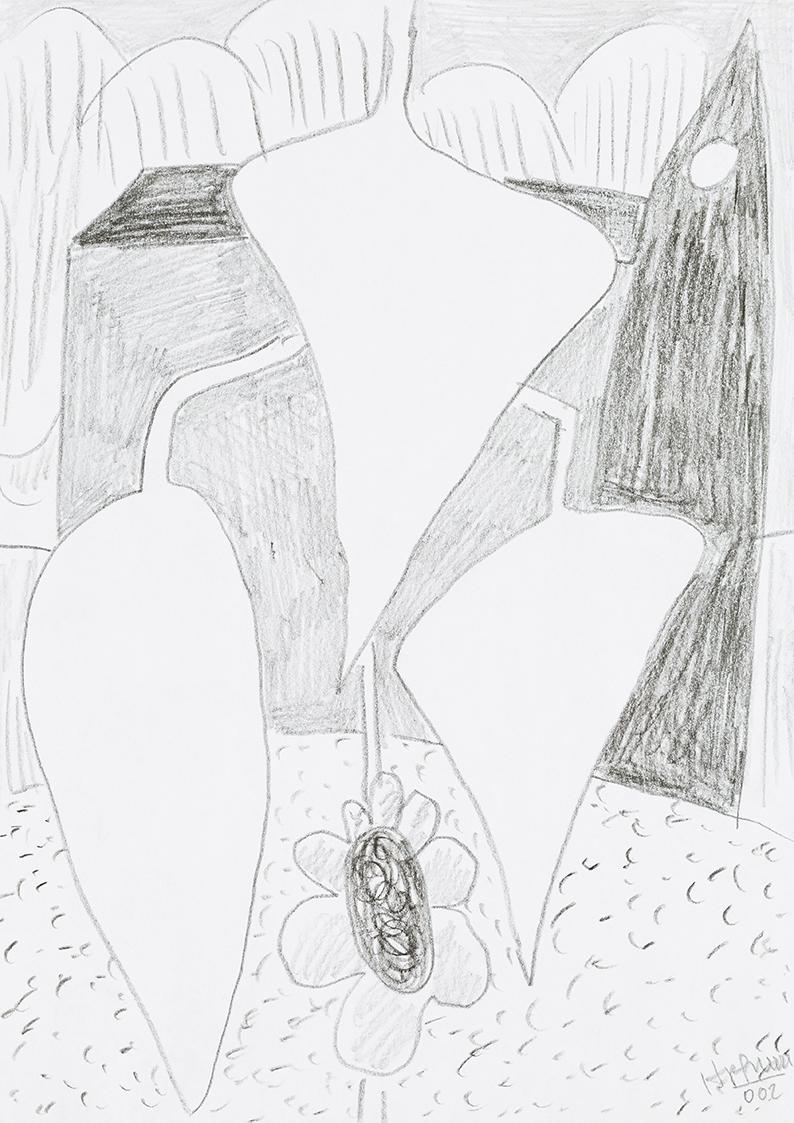 Kurt Hüpfner, Ohne Titel, 2002, Bleistift und schwarze Kreide auf Papier, 29,7 × 21 cm, Privatb…