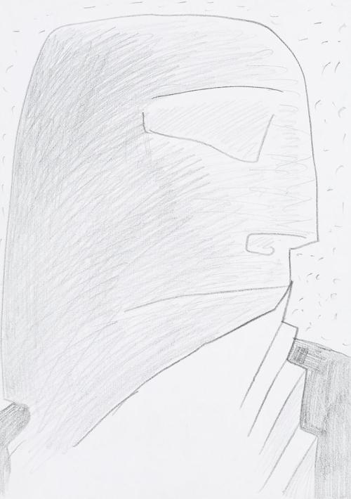 Kurt Hüpfner, Festhalle, um 2000, Bleistift auf Papier, 29,7 × 21 cm, Privatbesitz, Wien