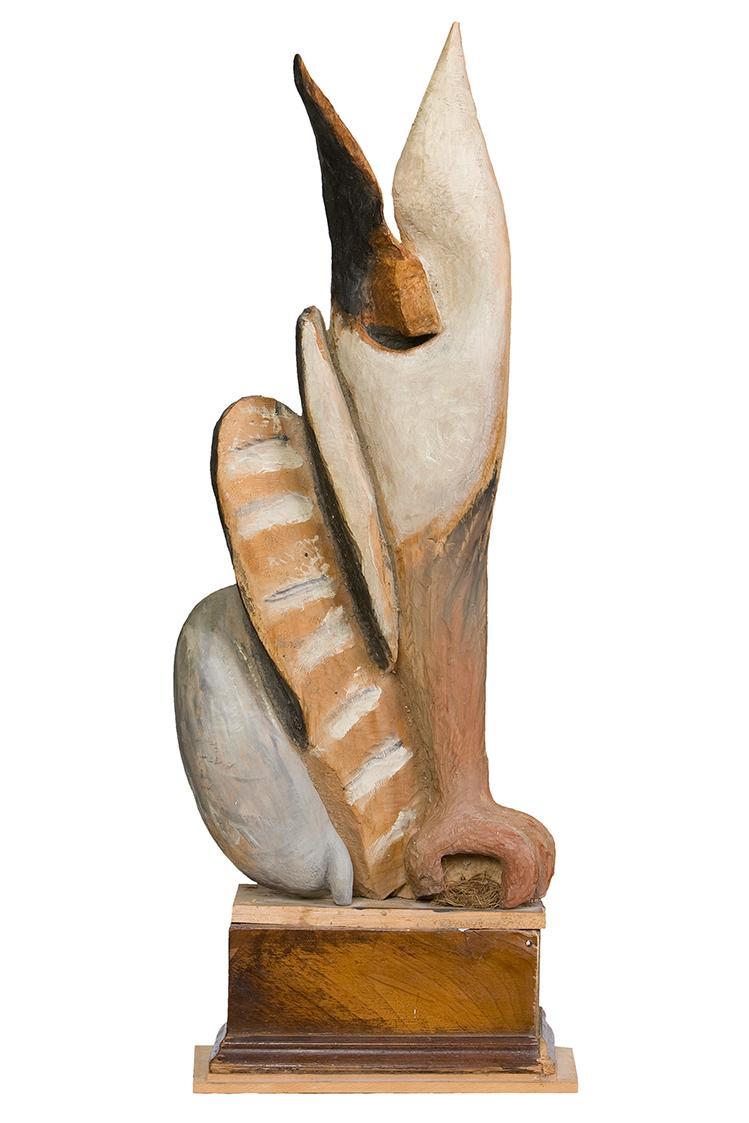 Kurt Hüpfner, Luchs, um 1995, Lindenholz, mit Ölfarbe bemalt, Seegras, 76 × 27 × 12,5 cm, Priva ...