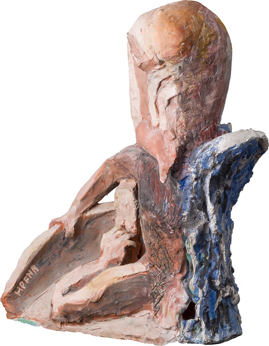 Kurt Hüpfner, Steuermann, um 1990, Terrakotta, Gips, Engobe, Pigmentfarben und Öl, 38 × 25 × 16 ...