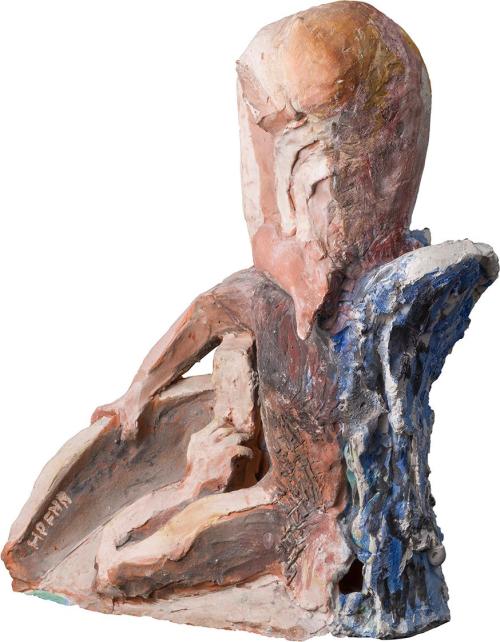 Kurt Hüpfner, Steuermann, um 1990, Terrakotta, Gips, Engobe, Pigmentfarben und Öl, 38 × 25 × 16 ...