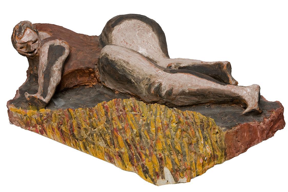 Kurt Hüpfner, Gräsergewisper, 1999, Terrakotta, Engobe, Gips, Pigmentfarbe, Öl, 17 × 47 × 29,5  ...