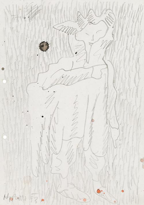 Kurt Hüpfner, Ohne Titel, 1993, Bleistift, rote und schwarze Aquarellspritzer auf Papier, 29,7 …