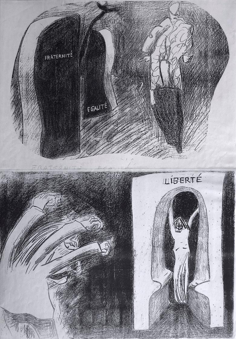 Kurt Hüpfner, Liberté, Fraternité, Egalité, um 2000, Kopien, Klebetechnik, 58,3 × 42 cm, Privat ...