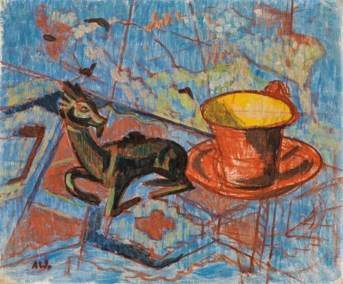 Alfred Wickenburg, Tasse und Bronze, 1957, Öl auf Leinwand, 36 × 43,5 cm, Privatbesitz