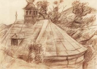 Alfred Wickenburg, Kalvarienberg-Kapelle, 1938, Rötel auf Papier, Lichte Maße: 42 × 59 cm, Priv ...