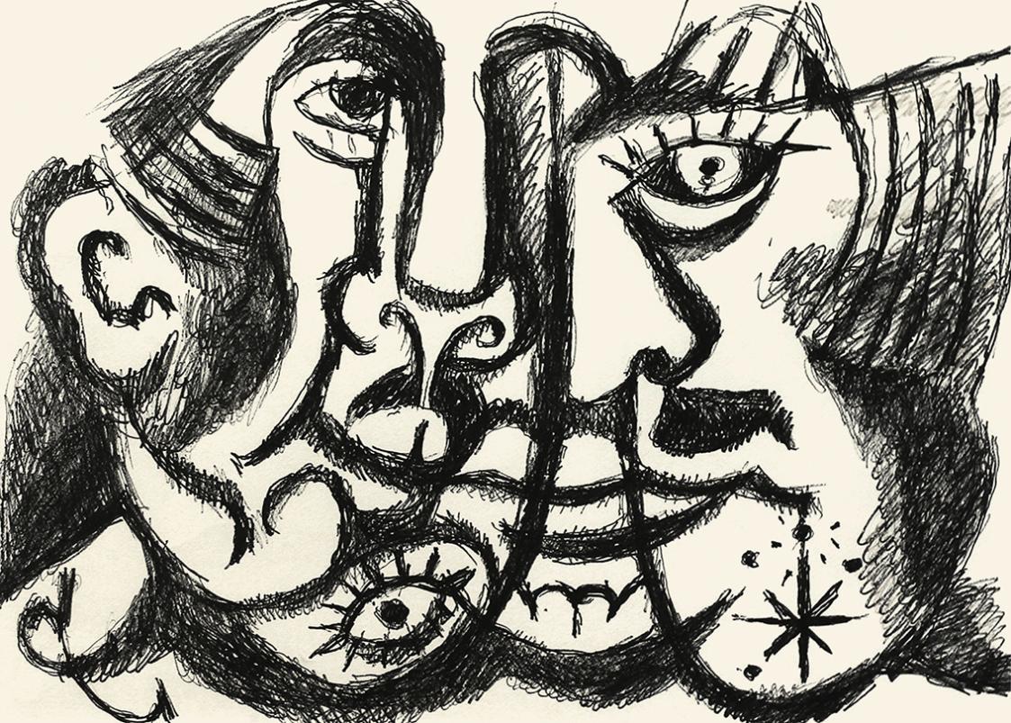 Alfred Wickenburg, Zwei Köpfe, um 1970, Schwarzer Filzstift auf Papier, Lichte Maße: 39 × 53,5  ...