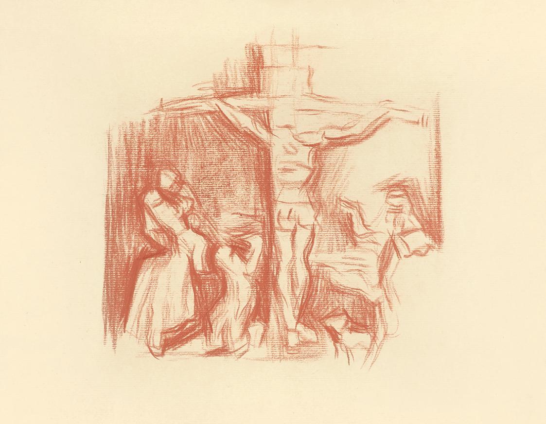 Alfred Wickenburg, Kreuzigung, um 1937, Rötel auf Papier, Blattmaße: 26 x 33,5 cm, Leihgabe aus ...