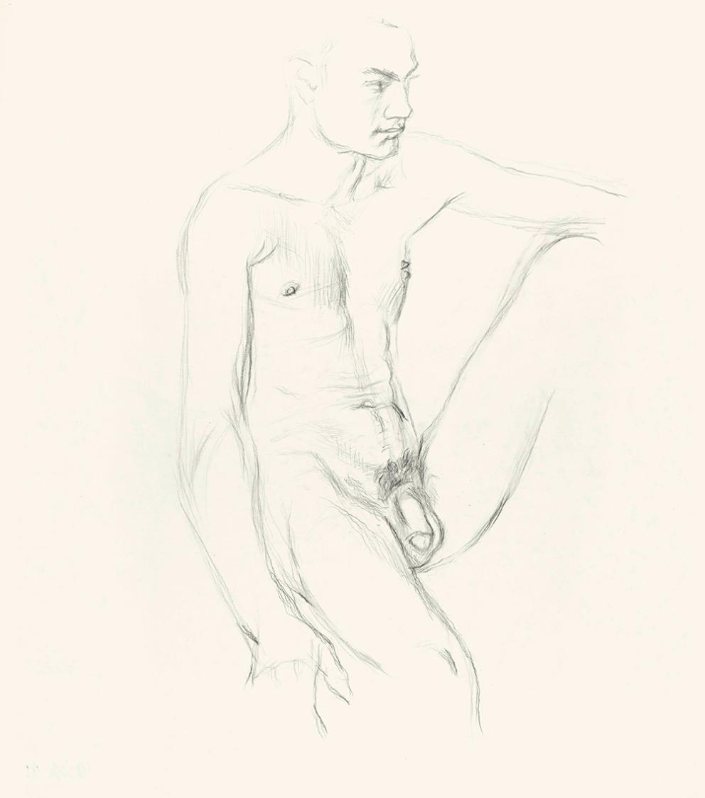 Alfred Wickenburg, Männliche Aktstudie, um 1945, Bleistift auf Papier, Blattmaße: unregelmäßig: ...