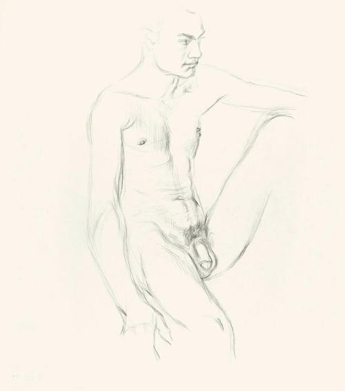 Alfred Wickenburg, Männliche Aktstudie, um 1945, Bleistift auf Papier, Blattmaße: unregelmäßig: ...