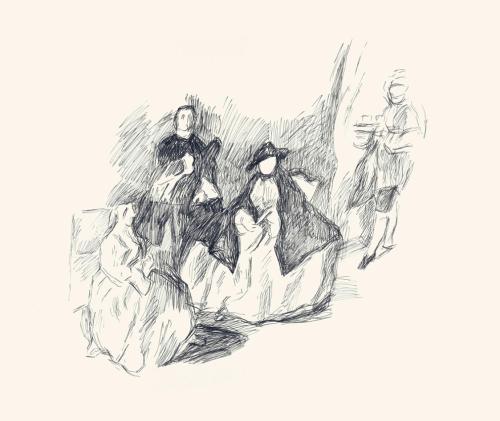 Alfred Wickenburg, Figurenszene, 1960/1965, Schwarzer Filzstift auf Papier, Blattmaße: 37,7 x 4 ...