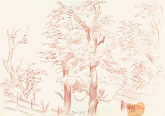 Alfred Wickenburg, Hütte mit Zaun zwischen Bäumen, um 1945, Rötel auf Papier, Blattmaße: 29,9 × ...