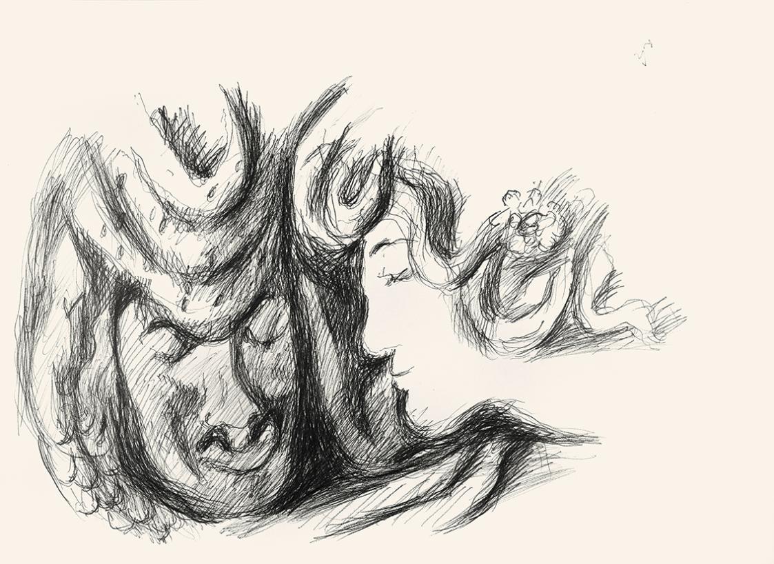 Alfred Wickenburg, Männlicher und weiblicher Kopf, um 1970, Schwarzer Filzstift auf Papier, Bla ...