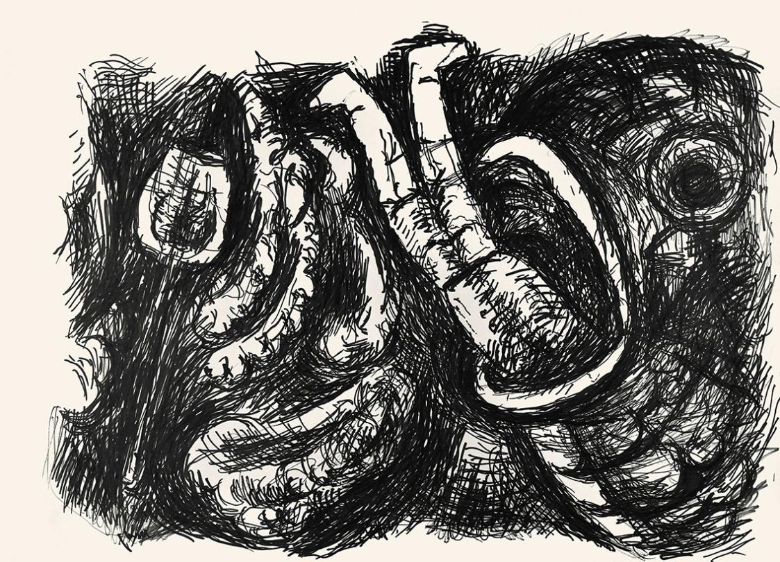 Alfred Wickenburg, Fisch verschlingt einen Menschen, um 1970, Schwarzer Filzstift auf Papier, B ...