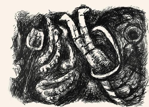 Alfred Wickenburg, Fisch verschlingt einen Menschen, um 1970, Schwarzer Filzstift auf Papier, B ...