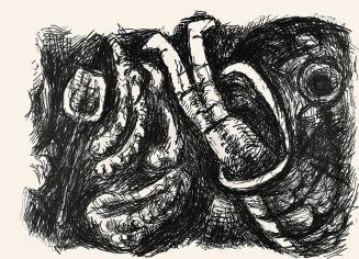 Alfred Wickenburg, Fisch verschlingt einen Menschen, um 1970, Schwarzer Filzstift auf Papier, B ...