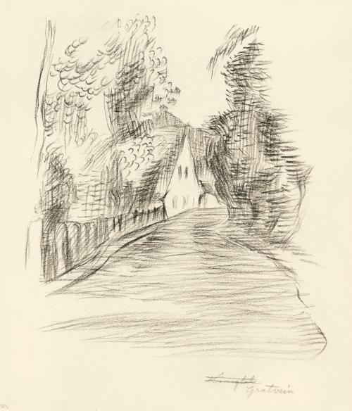 Alfred Wickenburg, Allee mit Haus in Gratwein, 1940/1944, Kohle auf Papier, 25,4 × 22 cm, Belve ...