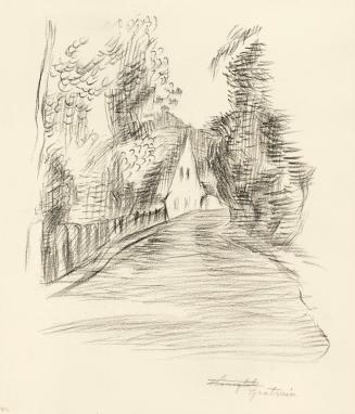 Alfred Wickenburg, Allee mit Haus in Gratwein, 1940/1944, Kohle auf Papier, 25,4 × 22 cm, Belve ...