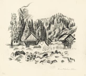 Alfred Wickenburg, Tierfutterstationen auf der Breitlahnalm, 1940/1944, Kohle auf Papier, 22 ×  ...