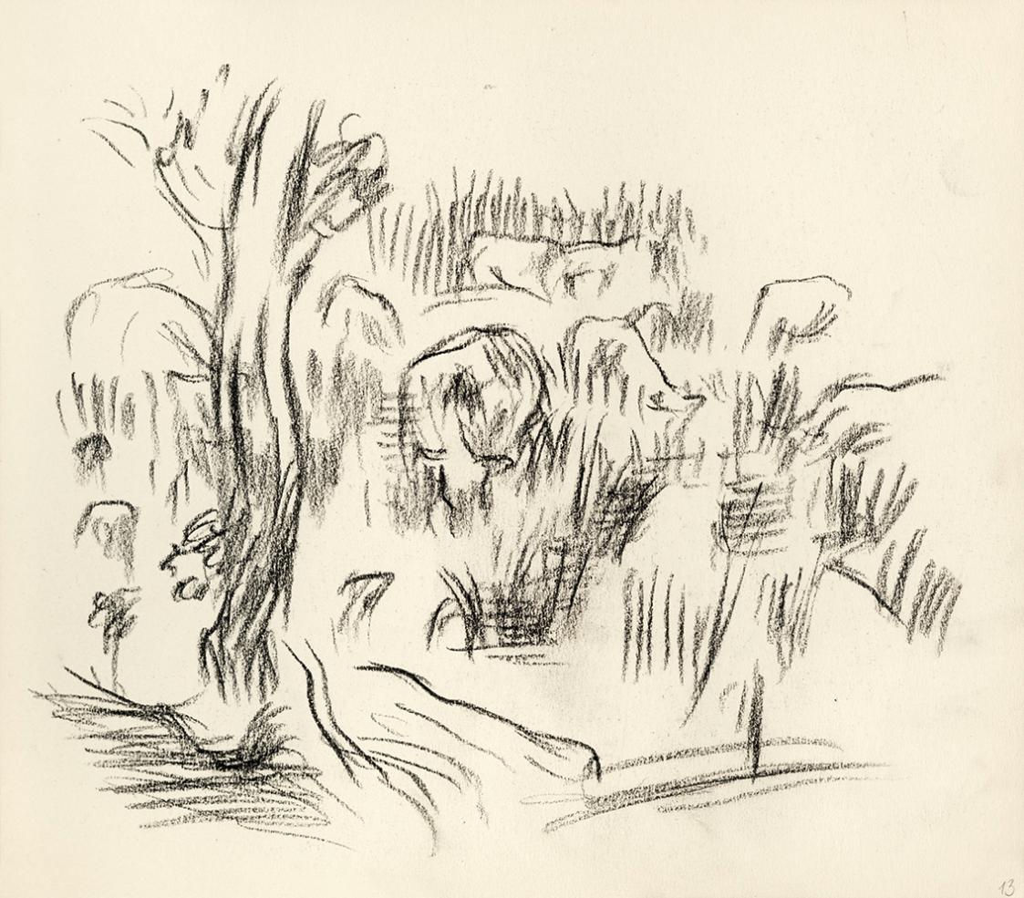 Alfred Wickenburg, Weidendes Vieh, 1940/1944, Kohle auf Papier, 22 × 25,4 cm, Belvedere, Wien,  ...