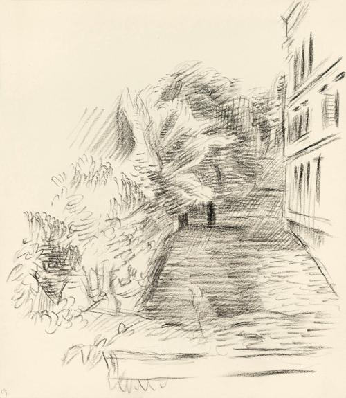 Alfred Wickenburg, Bewaldete Straße mit Häuserfront, 1940/1944, Kreide auf Papier, 25,4 × 22 cm ...