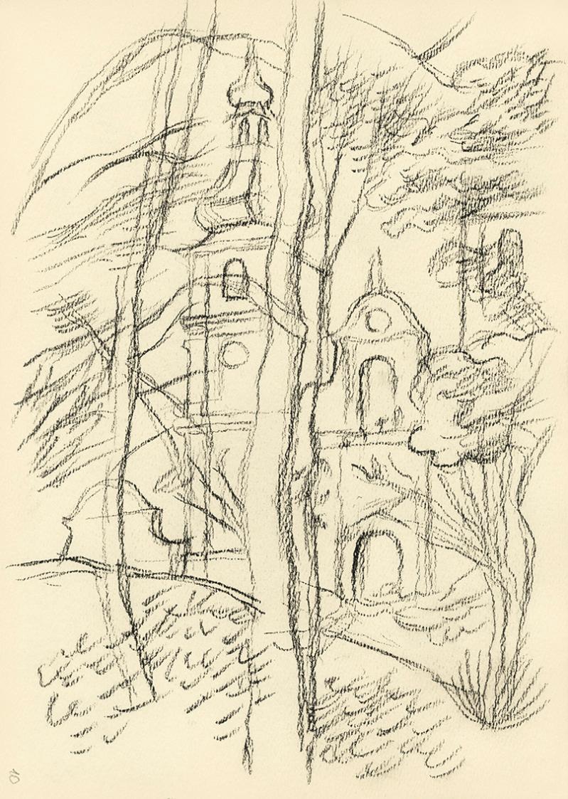 Alfred Wickenburg, Blick vom Waldrand auf Kirchenarchitektur, 1945/1950, Kohle auf Papier, 29,5 ...