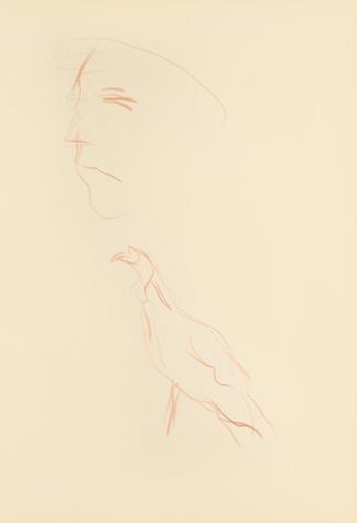 Alfred Wickenburg, Studie eines menschlichen Kopfes und eines Vogels, 1942, Rötel auf Papier, B ...