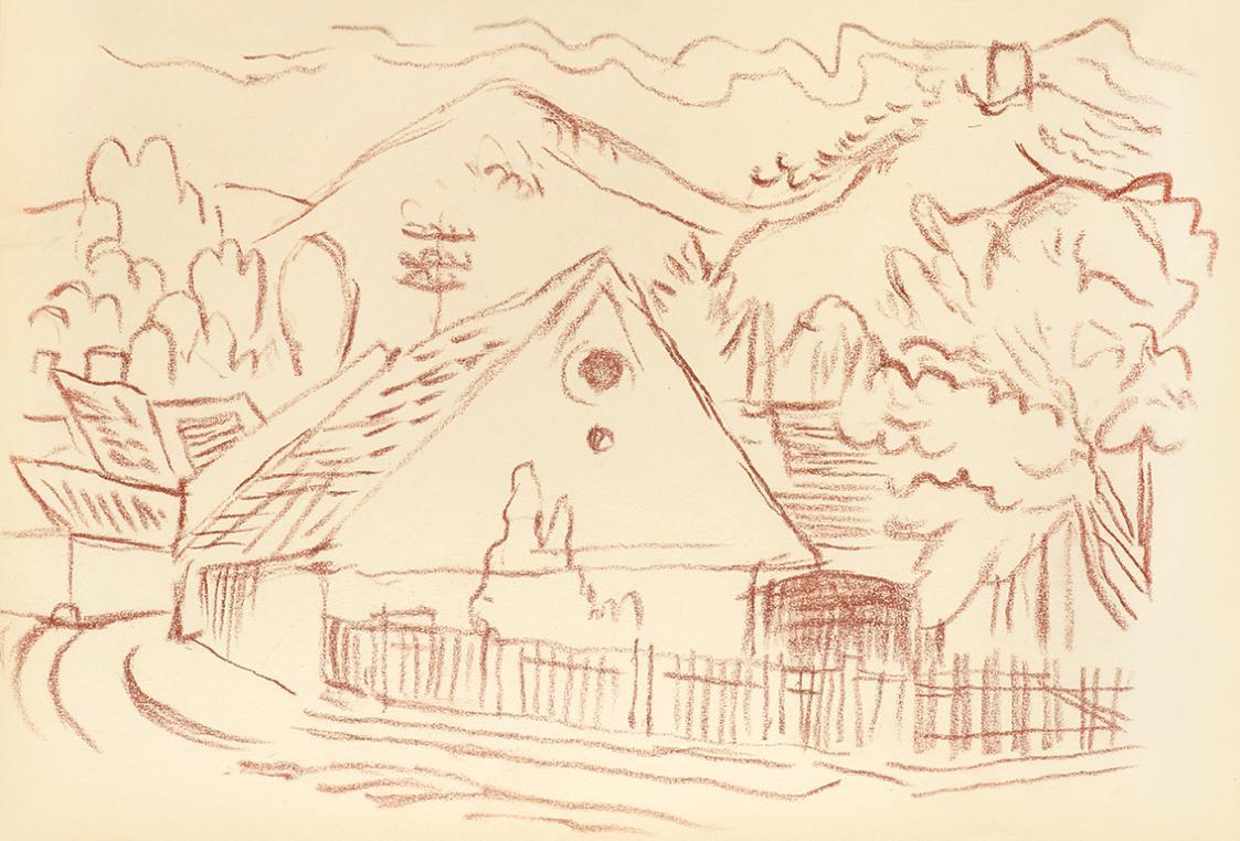 Alfred Wickenburg, Umzäuntes Haus vor einer Berglandschaft, um 1945, Umbrastift auf Papier, Bla ...