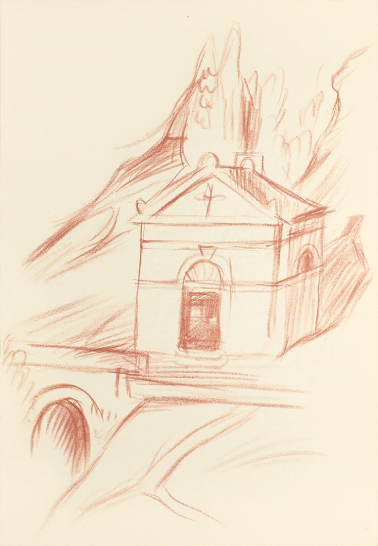 Alfred Wickenburg, Badlkapelle, 1938, Rötel auf Transparentpapier, Blattmaße: 30 × 21 cm, Leihg ...