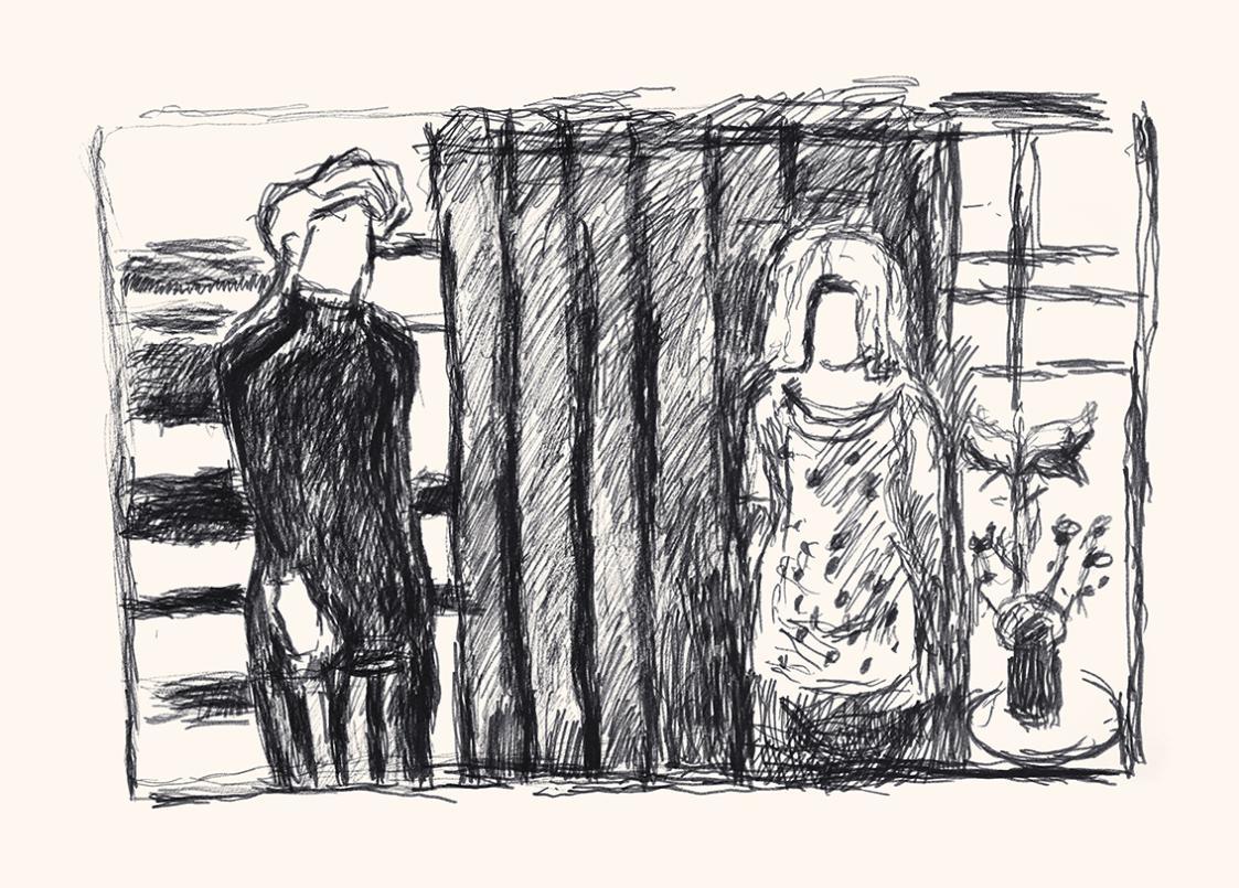 Alfred Wickenburg, Zwei Personen vor gestreiftem Hintergrund, um 1970, Schwarzer Filzstift auf  ...