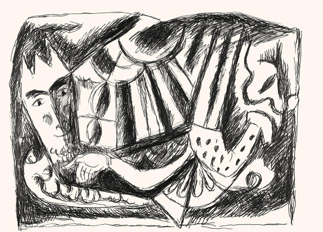 Alfred Wickenburg, Maske und abstrakte Formen, um 1970, Schwarzer Filzstift auf Papier, Blattma ...