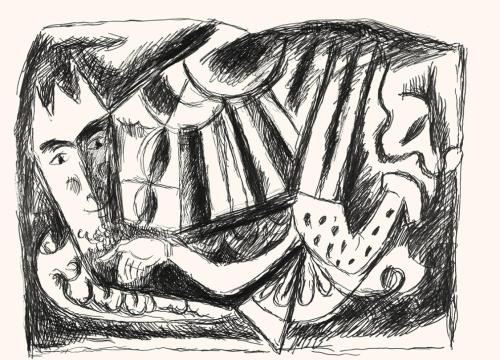 Alfred Wickenburg, Maske und abstrakte Formen, um 1970, Schwarzer Filzstift auf Papier, Blattma ...