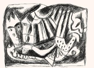 Alfred Wickenburg, Maske und abstrakte Formen, um 1970, Schwarzer Filzstift auf Papier, Blattma ...