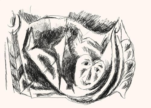 Alfred Wickenburg, Maske und abstrakte Formen, um 1970, Schwarzer Filzstift auf Papier, Blattma ...