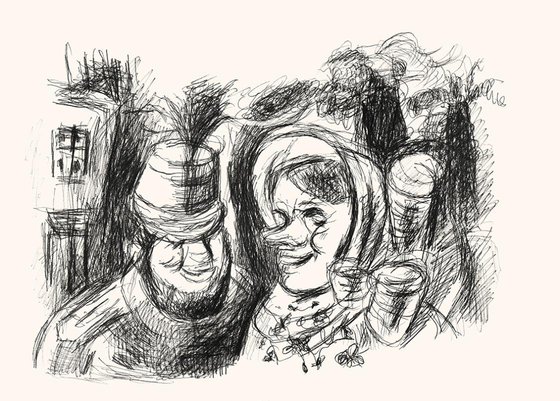 Alfred Wickenburg, Mann und Frau im Gespräch, um 1970, Tintenstift auf Papier, Blattmaße: 42 ×  ...