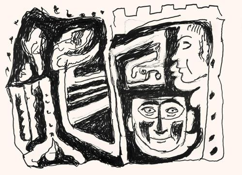 Alfred Wickenburg, Masken und abstrakte Formen, um 1970, Schwarzer Filzstift auf Papier, Blattm ...