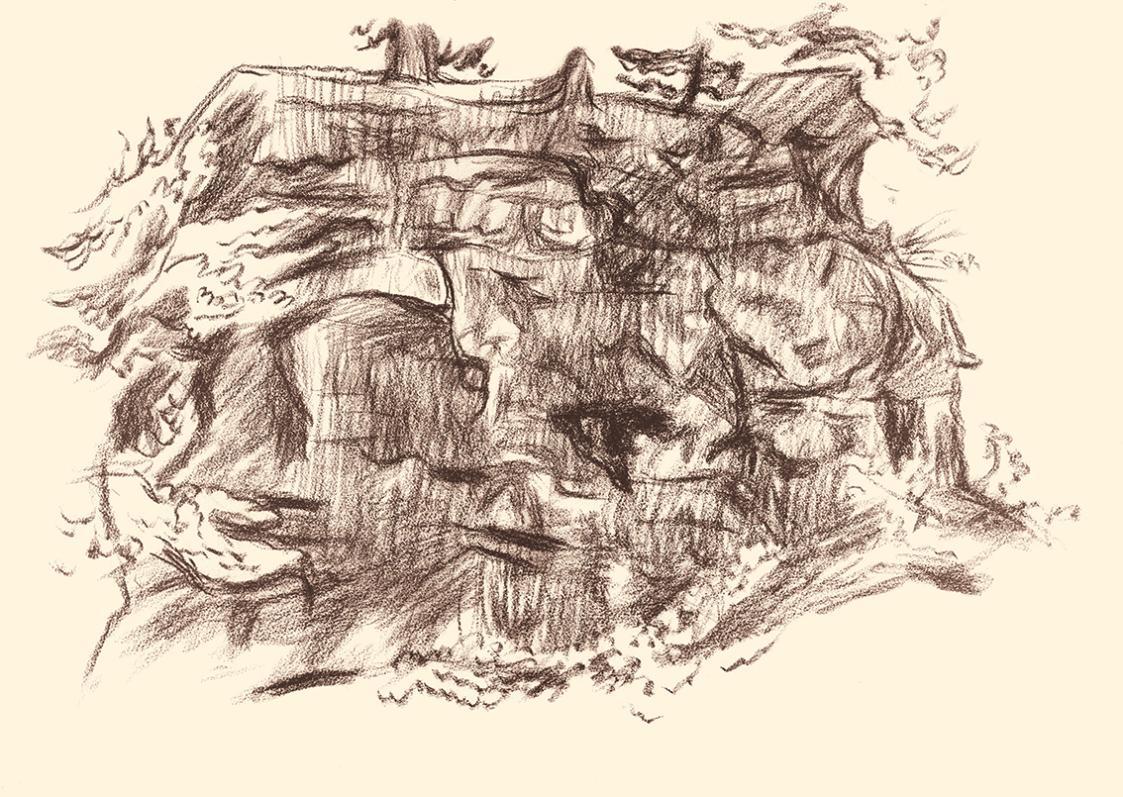 Alfred Wickenburg, Felslandschaft, 1940/1945, Braune Kohle auf Papier, Blattmaße: 37,8 × 53,8 c ...