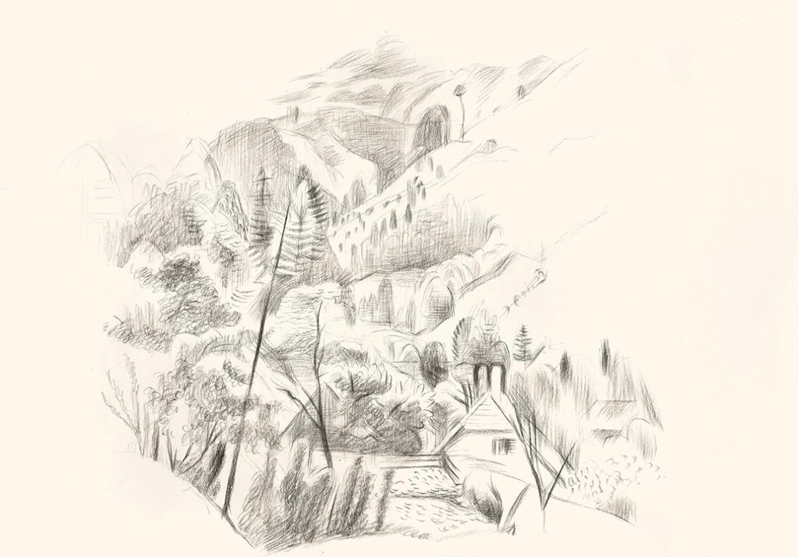 Alfred Wickenburg, Landschaft, um 1940, Schwarze Kreide auf Papier, Blattmaße: 35,2 × 50,2 cm,  ...