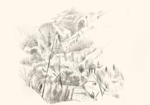 Alfred Wickenburg, Landschaft, um 1940, Schwarze Kreide auf Papier, Blattmaße: 35,2 × 50,2 cm,  ...