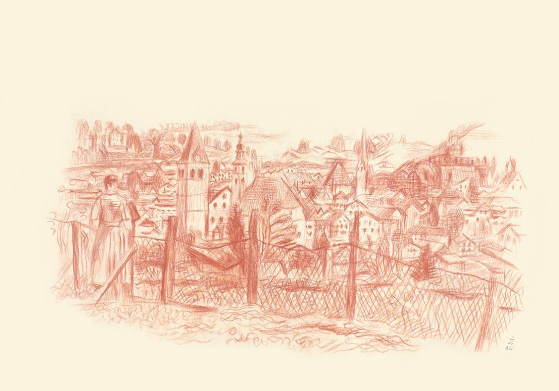 Alfred Wickenburg, Kitzbühel, 1946, Rötel auf Papier, Blattmaße: 35,2 × 50,2 cm, Leihgabe aus P ...