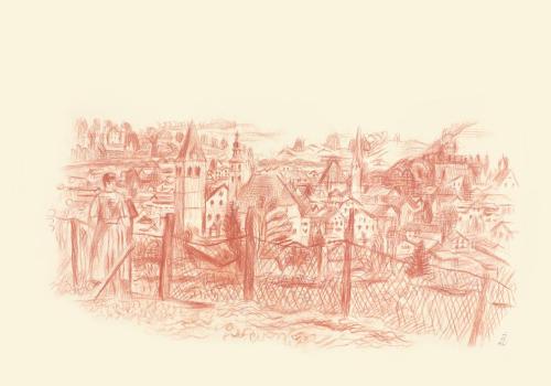 Alfred Wickenburg, Kitzbühel, 1946, Rötel auf Papier, Blattmaße: 35,2 × 50,2 cm, Leihgabe aus P ...