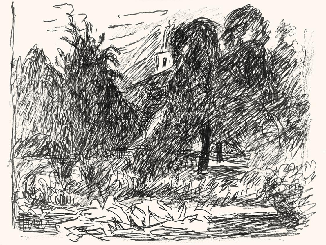 Alfred Wickenburg, Landschaft, um 1970, Schwarzer Filzstift und Tintenstift auf Papier, Lichte  ...