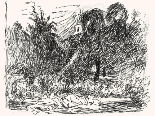 Alfred Wickenburg, Landschaft, um 1970, Schwarzer Filzstift und Tintenstift auf Papier, Lichte  ...