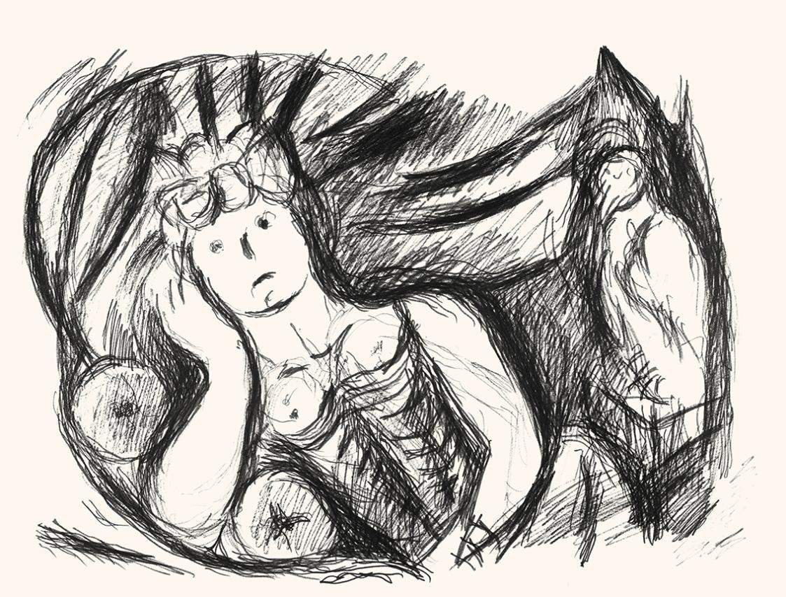 Alfred Wickenburg, Frau und Vogel, um 1970, Schwarzer Filzstift auf Papier, Blattmaße: 42 × 55  ...