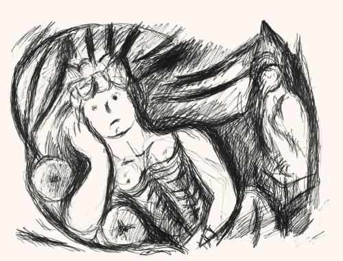 Alfred Wickenburg, Frau und Vogel, um 1970, Schwarzer Filzstift auf Papier, Blattmaße: 42 × 55  ...