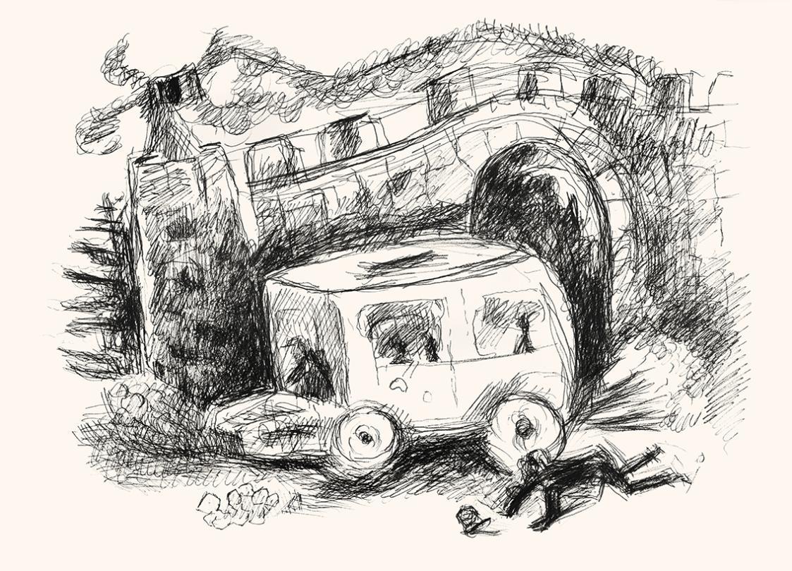 Alfred Wickenburg, Straßenszene, um 1970, Tintenstift auf Papier, Blattmaße: 42 × 58 cm, Leihga ...