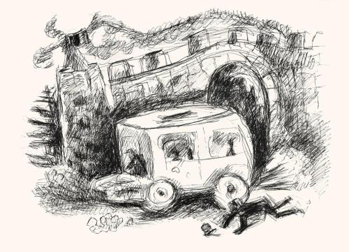 Alfred Wickenburg, Straßenszene, um 1970, Tintenstift auf Papier, Blattmaße: 42 × 58 cm, Leihga ...